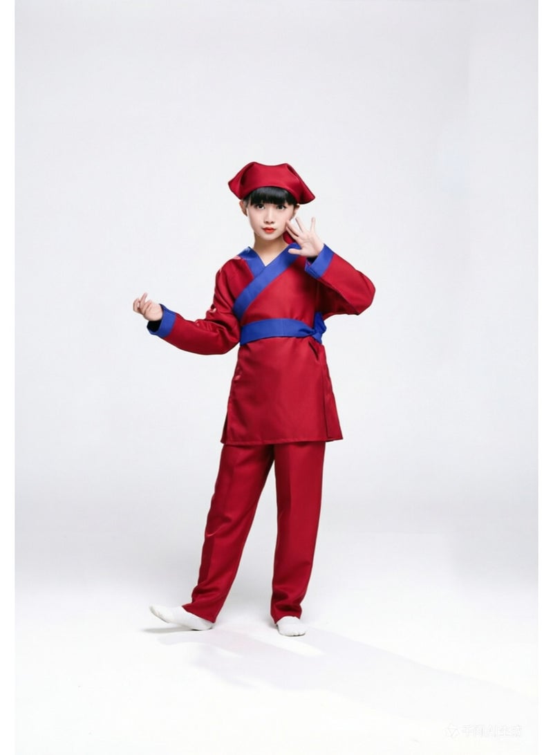 Kids Chinese Ancient Hanfu Costume Set - Traditional Red & Blue Uniform with Hat for Waiter, Farmer, Peasant Role Play, Halloween, School Stage Performance, Boys & Girls