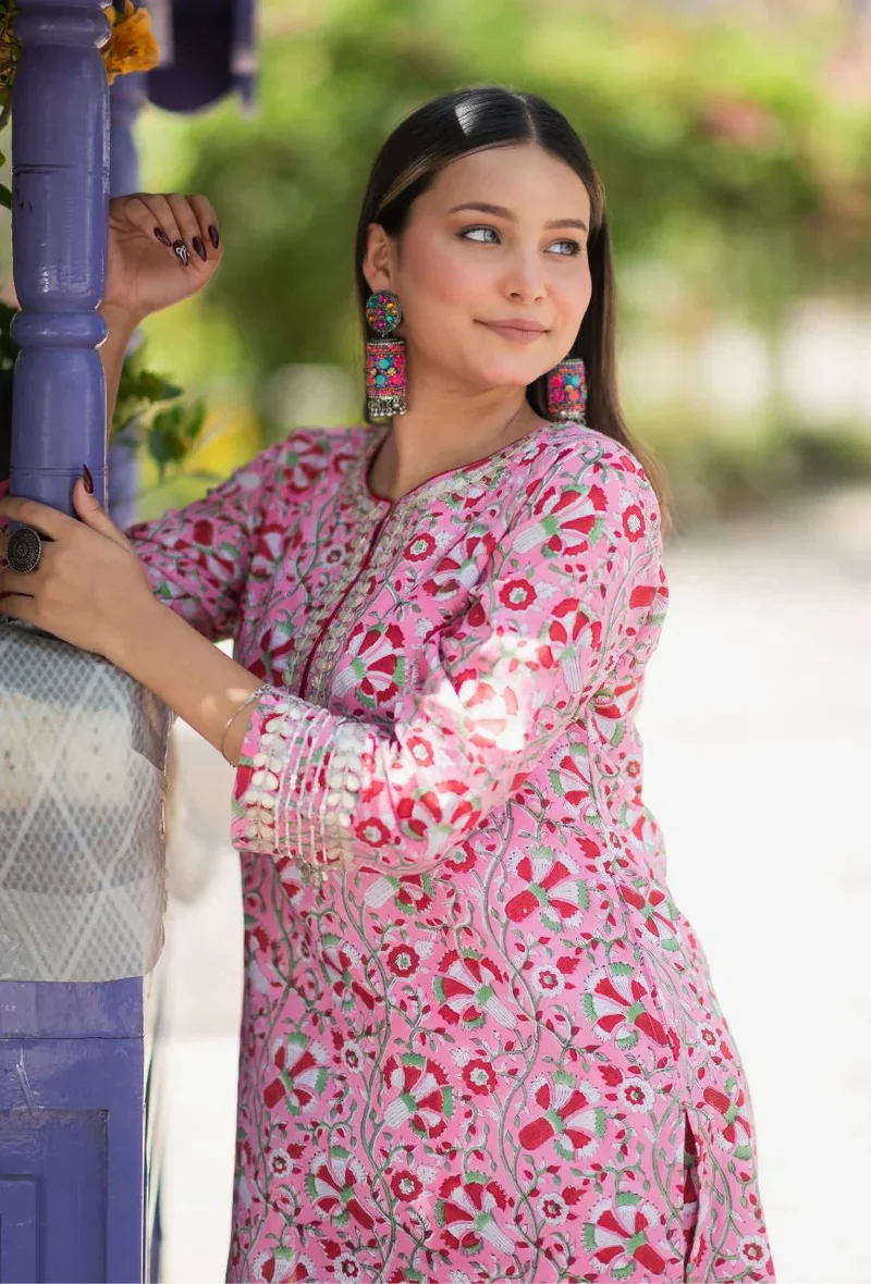 ZERESOUQ Pink Pure Cotton Rosy Gottapatti Handblock Dhoti Kurta Set