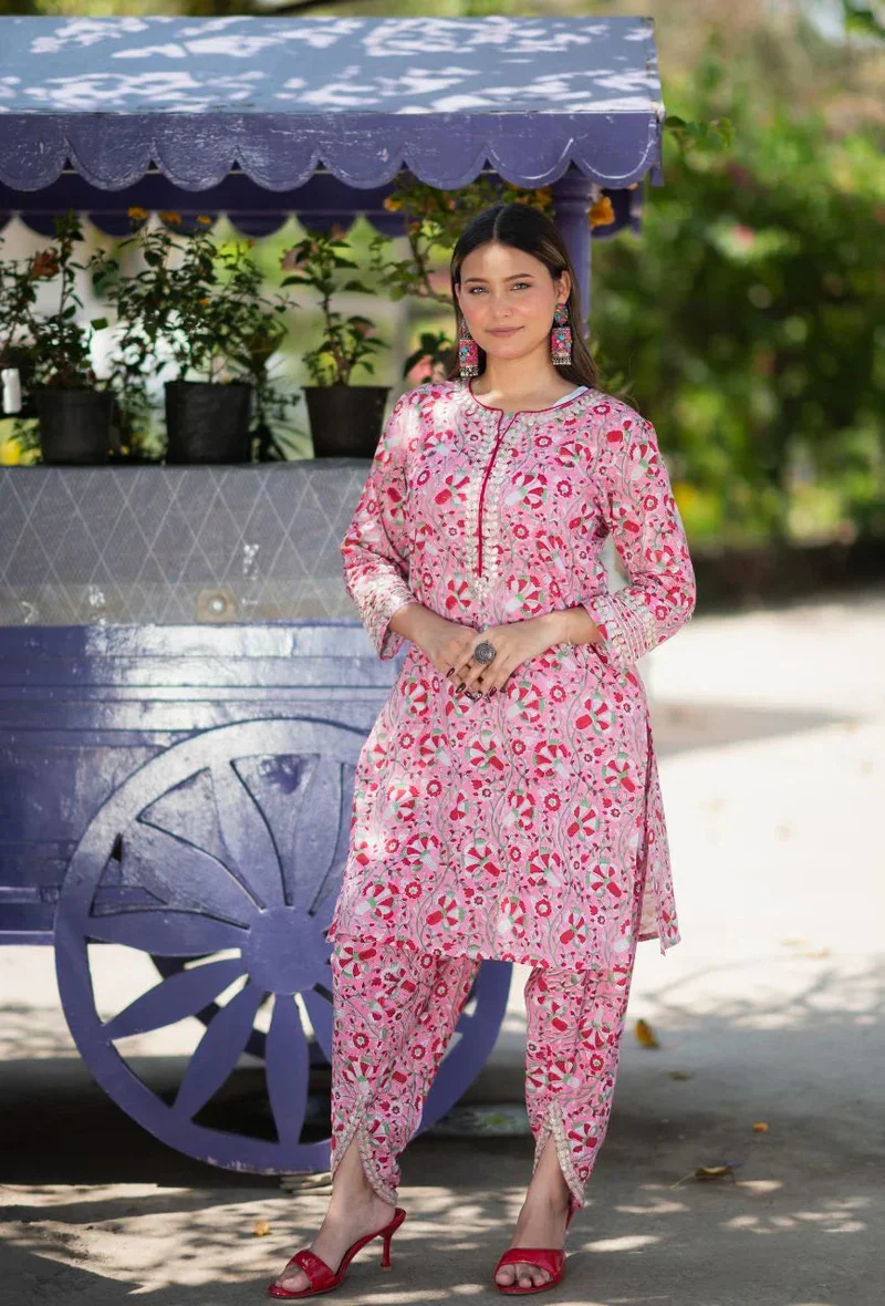 ZERESOUQ Pink Pure Cotton Rosy Gottapatti Handblock Dhoti Kurta Set