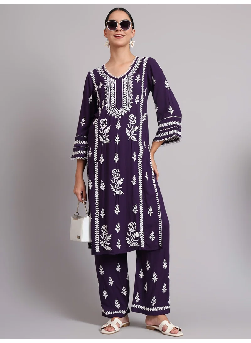 Alaya purple Women Hand Embroidered Lucknowi Chikankari Rayon Kurta Set-AL4078KS for Women | Best Price UAE