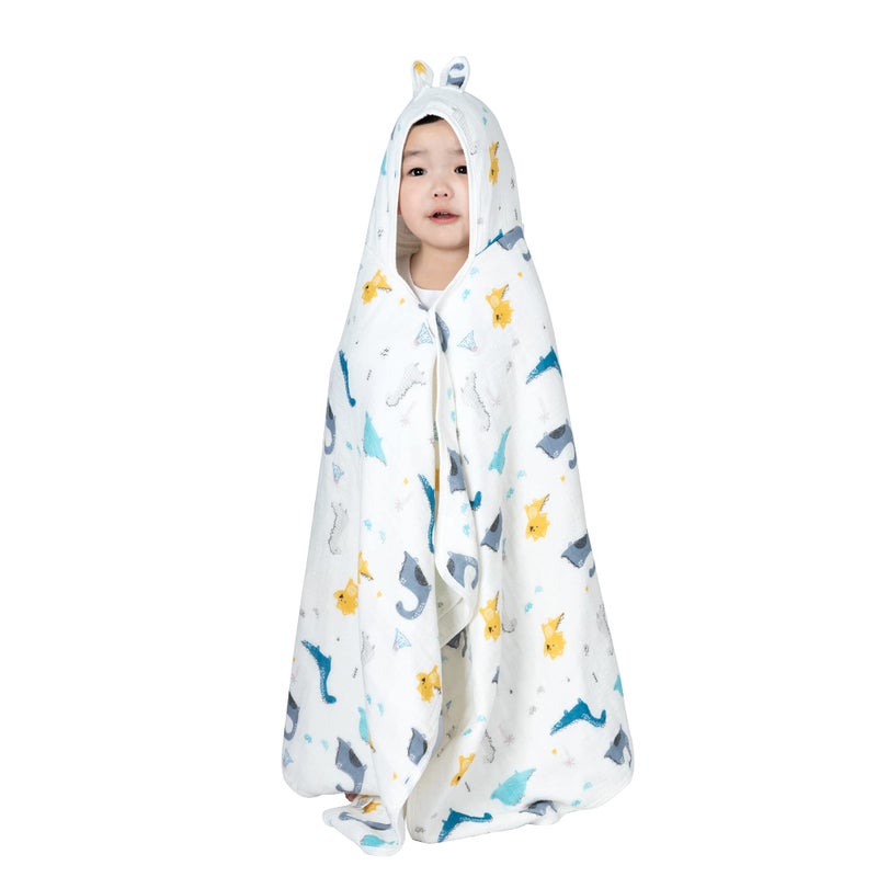 REMASS Muslin Hooded Towel Made from Organic Cotton 6Layer Cotton Bath Towel Soft Bath Towels 25x51inches for Toddler Baby and 15 Years Old Kids Dinosaur