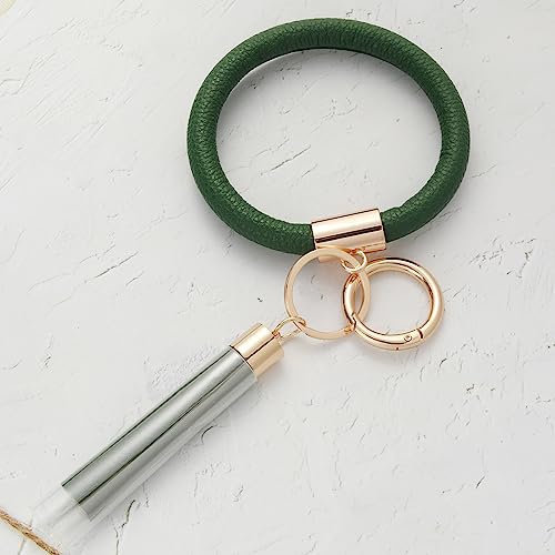 Coolcos Key Ring Bracelets Wristlet Keychain Bangle Keyring - Large Circle Leather Tassel Bracelet Holder For Women Girl(Dark Green) - Image 2