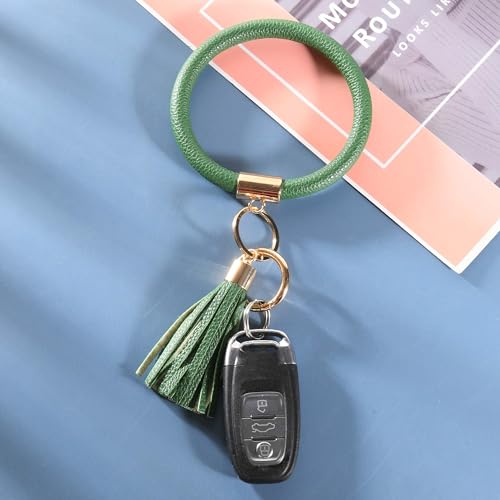 Coolcos Key Ring Bracelets Wristlet Keychain Bangle Keyring - Large Circle Leather Tassel Bracelet Holder For Women Girl(Dark Green) - Image 5