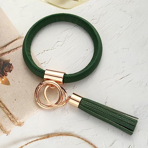 Coolcos Key Ring Bracelets Wristlet Keychain Bangle Keyring - Large Circle Leather Tassel Bracelet Holder For Women Girl(Dark Green) - Image 4