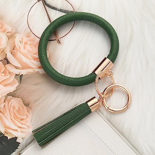 Coolcos Key Ring Bracelets Wristlet Keychain Bangle Keyring - Large Circle Leather Tassel Bracelet Holder For Women Girl(Dark Green) - Image 3