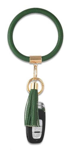 Coolcos Key Ring Bracelets Wristlet Keychain Bangle Keyring - Large Circle Leather Tassel Bracelet Holder For Women Girl(Dark Green) - Image 1