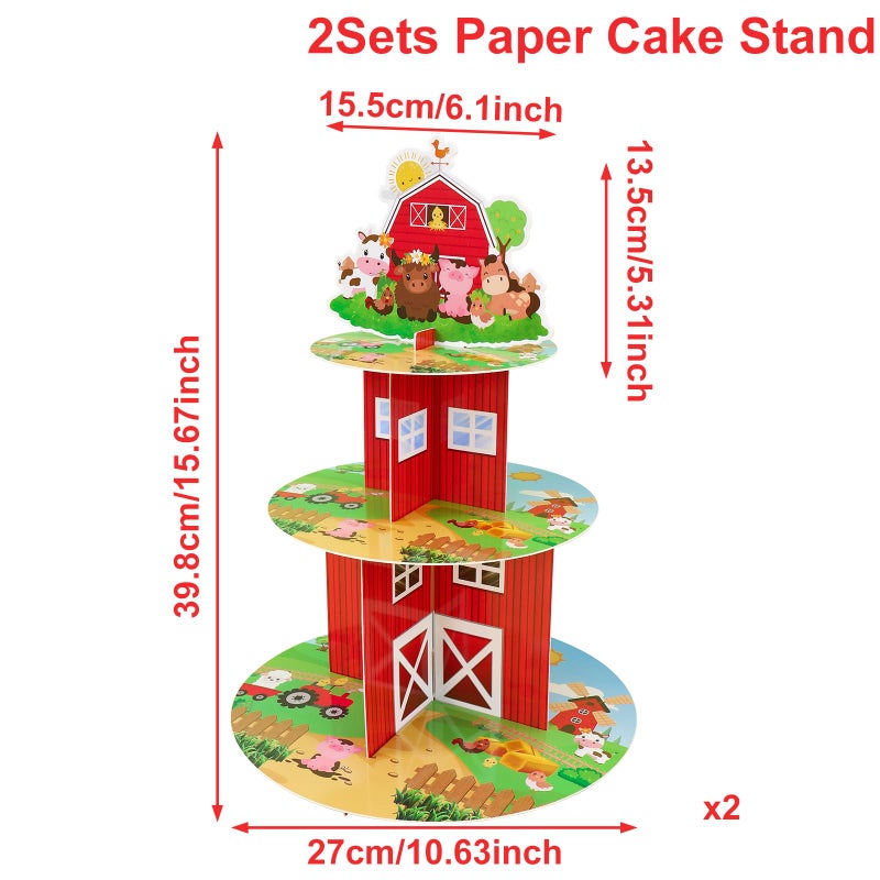 QIFU 2Pcs Farm Cupcake Stand - 3 Tier Farm Animals Theme Birthday Party Decorations Cardboard Cake Holder Dessert Tower for Kids Barnyard Farmhouse Farmstand Baby Shower Party Supplies Favors - Image 3