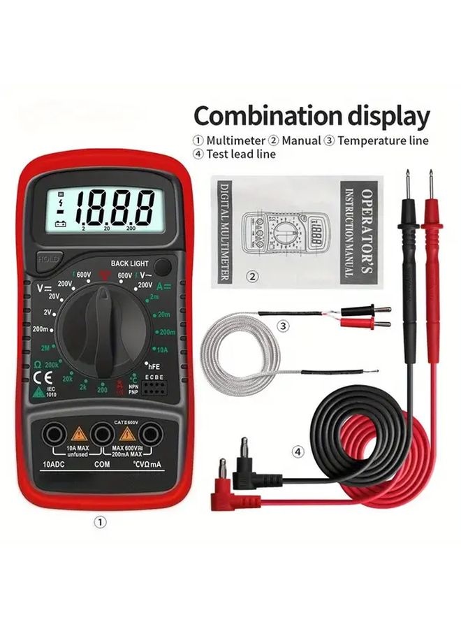 Digital Multimeter With Auto Range Backlit AC DC Ammeter Volt Ohm Tester Thermocouple Portable Red Multimeter Tester For Electrical Testing Durable Construction Precision Measurement Tool - Image 4