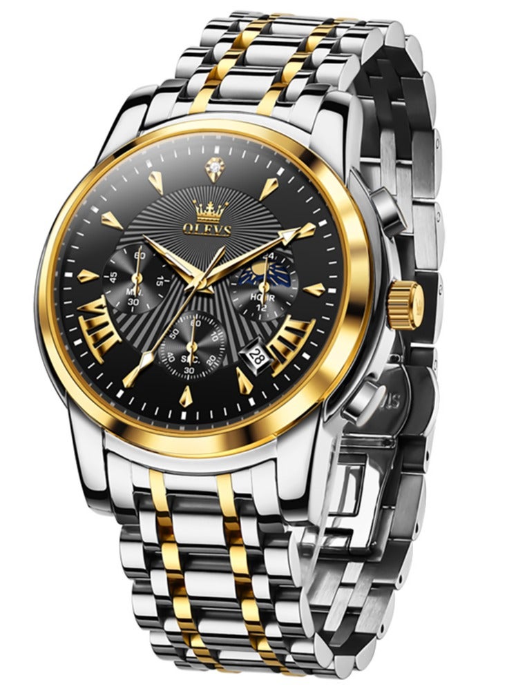 OLEVS Watches for Men Fashion Stainless Steel Quartz Chronograph Water Resistant Watch 41mm 2892 Business Gold Black Quartz Watches - Image 2