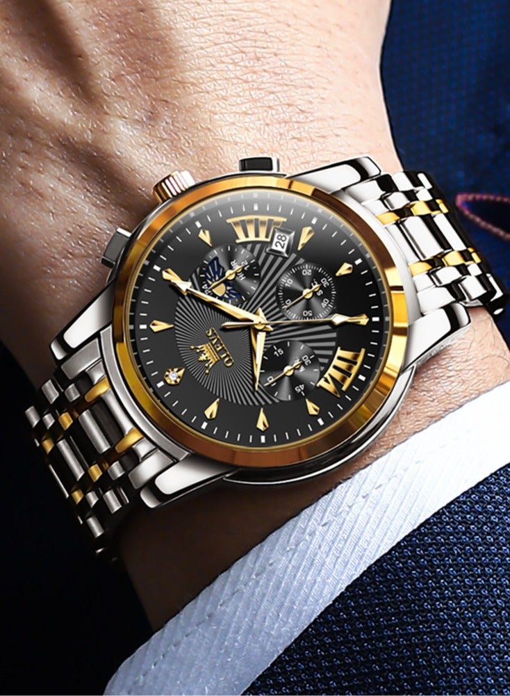 OLEVS Watches for Men Fashion Stainless Steel Quartz Chronograph Water Resistant Watch 41mm 2892 Business Gold Black Quartz Watches - Image 5