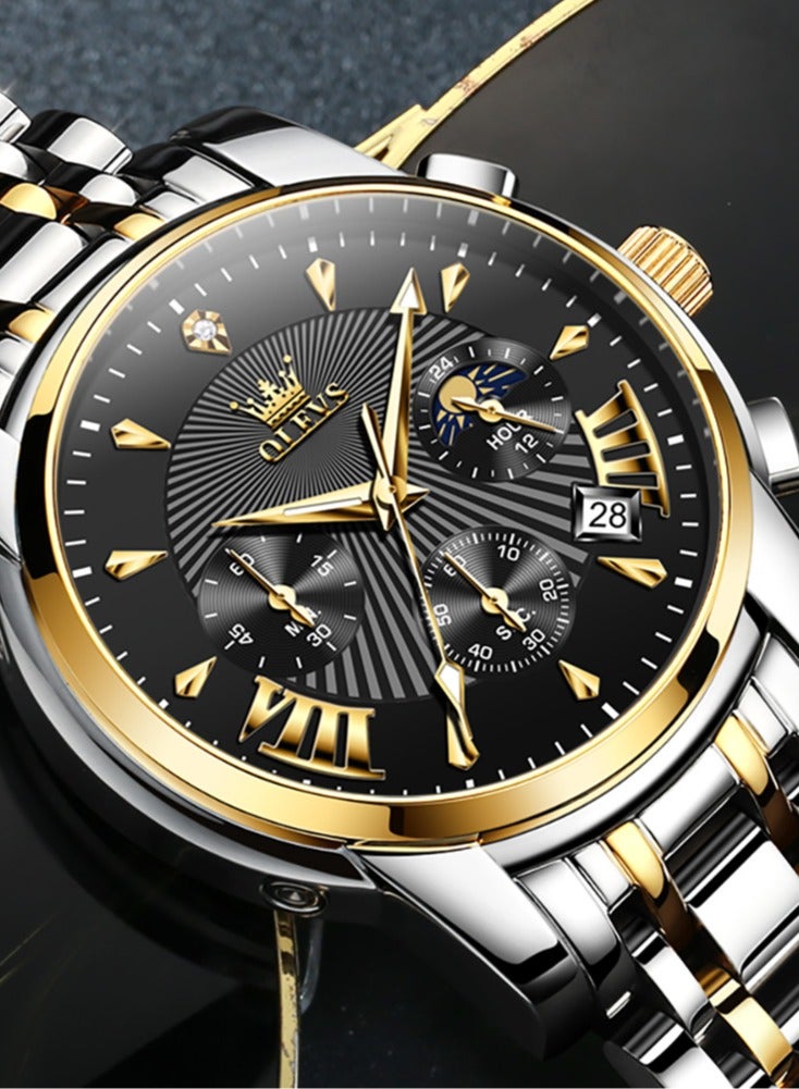 OLEVS Watches for Men Fashion Stainless Steel Quartz Chronograph Water Resistant Watch 41mm 2892 Business Gold Black Quartz Watches - Image 4