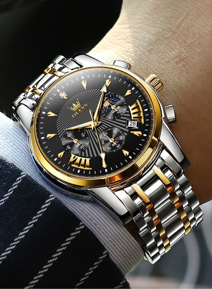 OLEVS Watches for Men Fashion Stainless Steel Quartz Chronograph Water Resistant Watch 41mm 2892 Business Gold Black Quartz Watches - Image 3
