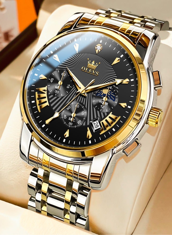 OLEVS Watches for Men Fashion Stainless Steel Quartz Chronograph Water Resistant Watch 41mm 2892 Business Gold Black Quartz Watches - Image 1