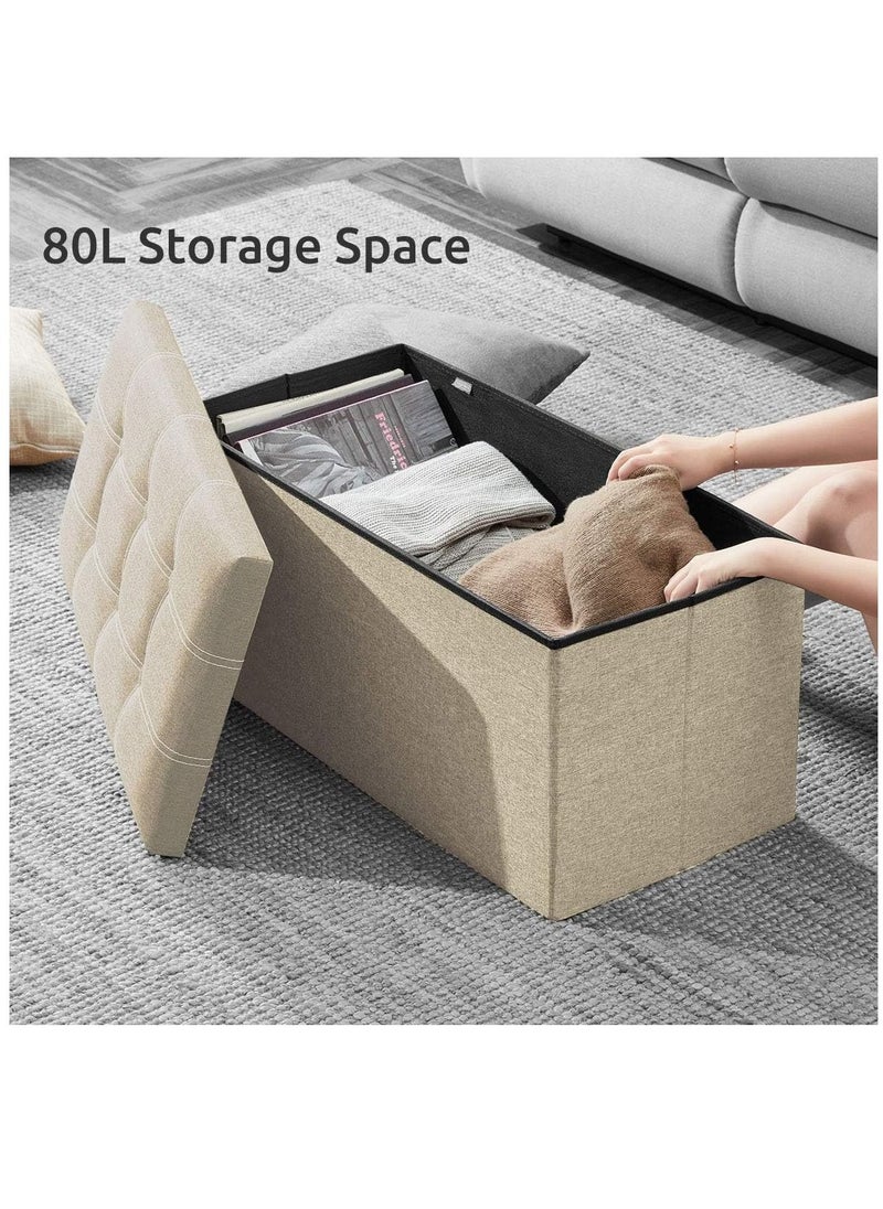 Arabest - 30 Inches Folding Storage Ottoman, 80L Ottoman Bench Footrest Stool with Hidden Storage Boxes, Linen Fabric Storage Chest Padded Seat for Bedroom and Living Room, Support 350lbs (Beige) - Image 1