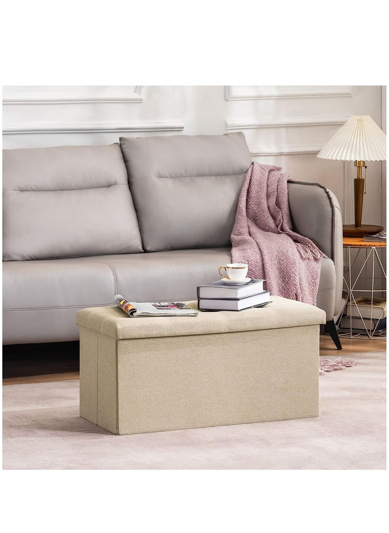 Arabest - 30 Inches Folding Storage Ottoman, 80L Ottoman Bench Footrest Stool with Hidden Storage Boxes, Linen Fabric Storage Chest Padded Seat for Bedroom and Living Room, Support 350lbs (Beige) - Image 1