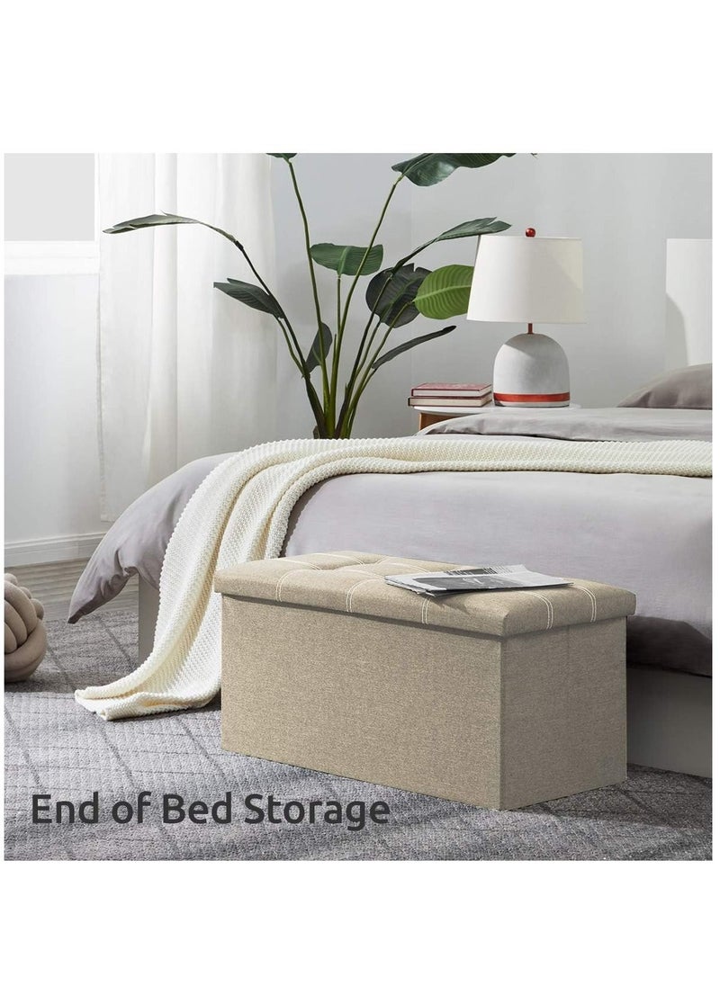Arabest - 30 Inches Folding Storage Ottoman, 80L Ottoman Bench Footrest Stool with Hidden Storage Boxes, Linen Fabric Storage Chest Padded Seat for Bedroom and Living Room, Support 350lbs (Beige) - Image 1