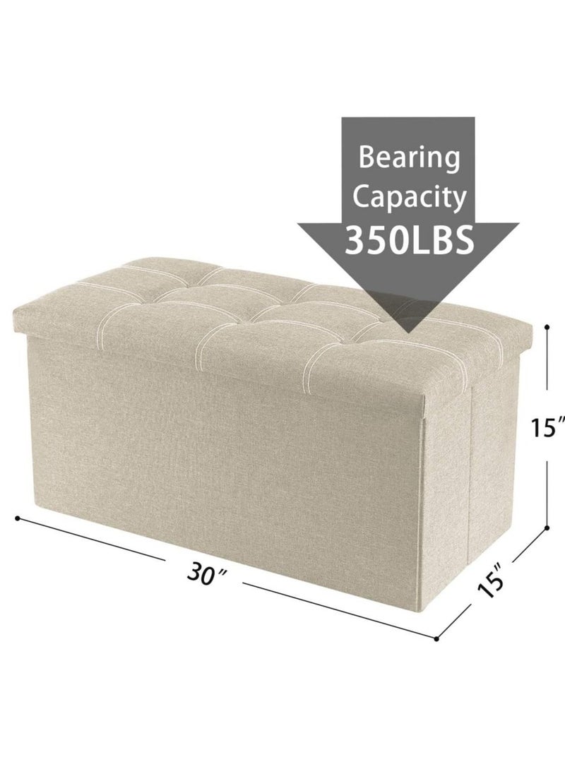 Arabest - 30 Inches Folding Storage Ottoman, 80L Ottoman Bench Footrest Stool with Hidden Storage Boxes, Linen Fabric Storage Chest Padded Seat for Bedroom and Living Room, Support 350lbs (Beige) - Image 1