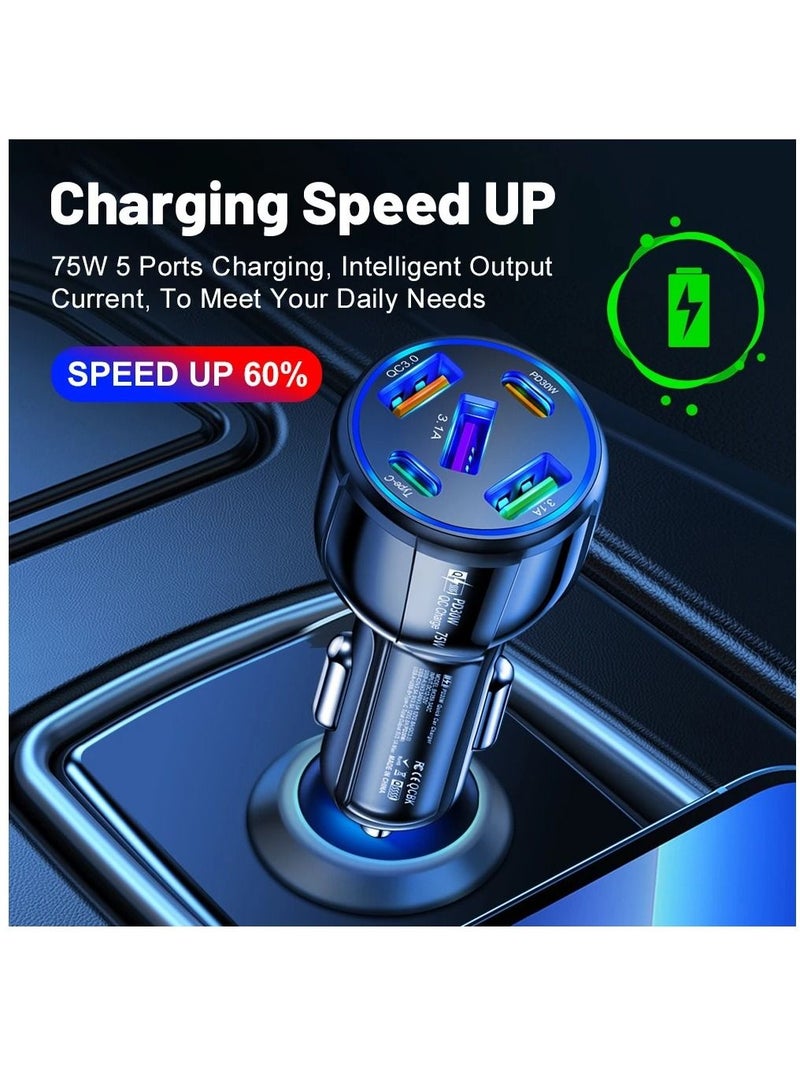 ارواق شاحن سيارة USB من النوع C QC3.0 PD محول شحن سريع 5 منافذ 75 وات لهاتف iphone Xiaomi Huawei Samsung - Image 3