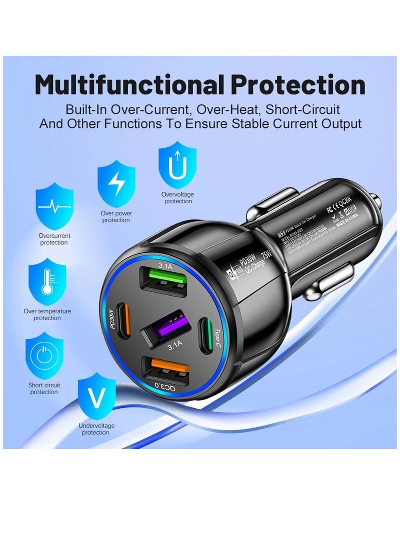 ارواق شاحن سيارة USB من النوع C QC3.0 PD محول شحن سريع 5 منافذ 75 وات لهاتف iphone Xiaomi Huawei Samsung - Image 4