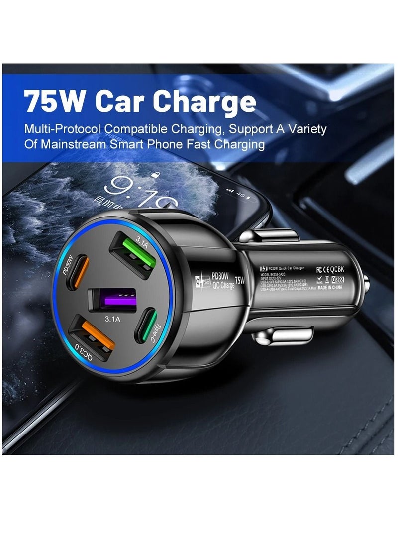 ارواق شاحن سيارة USB من النوع C QC3.0 PD محول شحن سريع 5 منافذ 75 وات لهاتف iphone Xiaomi Huawei Samsung - Image 2
