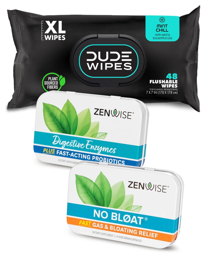 Zenwise Health Dude Wipes + Zenwise #2 Plus Bundle – 48 Flushable Wipes + 15 Digestive Enzymes with Probiotics and Prebiotics + 14 No Bloat Caps – for Digestive, Gut, and Butt Health - Image 1