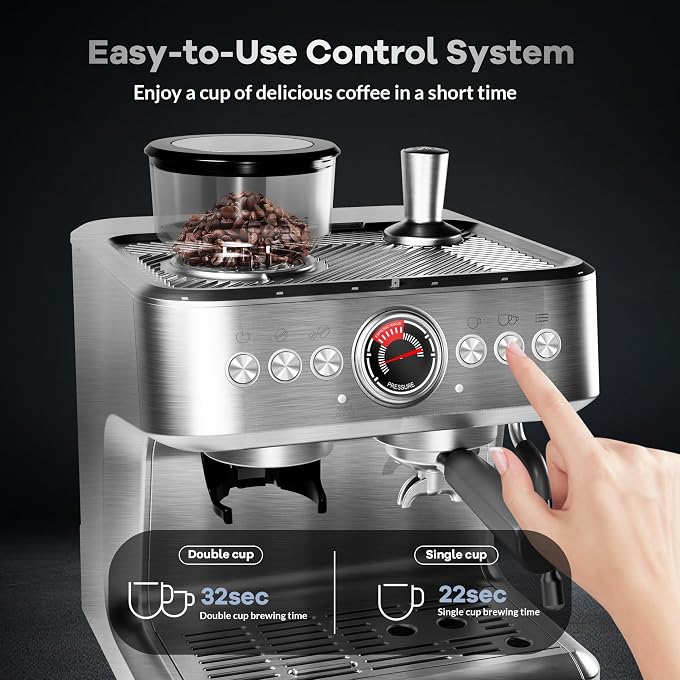 20 Bar Espresso Machine with Grinder & Milk Frother, Coffee Machine with 96Oz Removable Water Tank, Professional Espresso Maker for Home Caf, Stainless Steel Coffee Maker for Cappuccino, Latte - Image 3