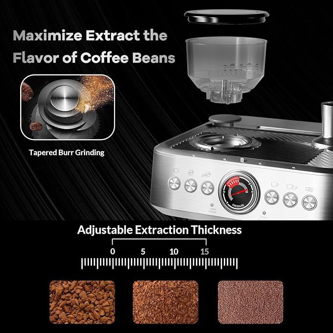 20 Bar Espresso Machine with Grinder & Milk Frother, Coffee Machine with 96Oz Removable Water Tank, Professional Espresso Maker for Home Caf, Stainless Steel Coffee Maker for Cappuccino, Latte - Image 2