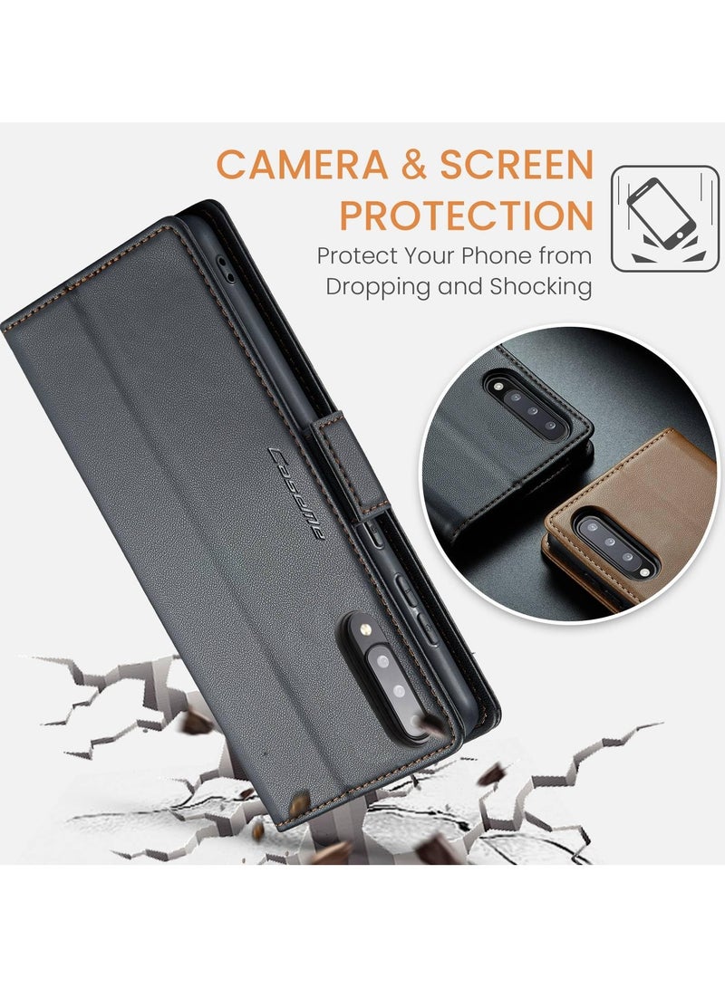 CaseMe Phone Case Luxury PU Leather Design Anti Fingerprint 023 Flip Cover Card Slot Holder Cover For Samsung Galaxy A70 (Black) - Image 4