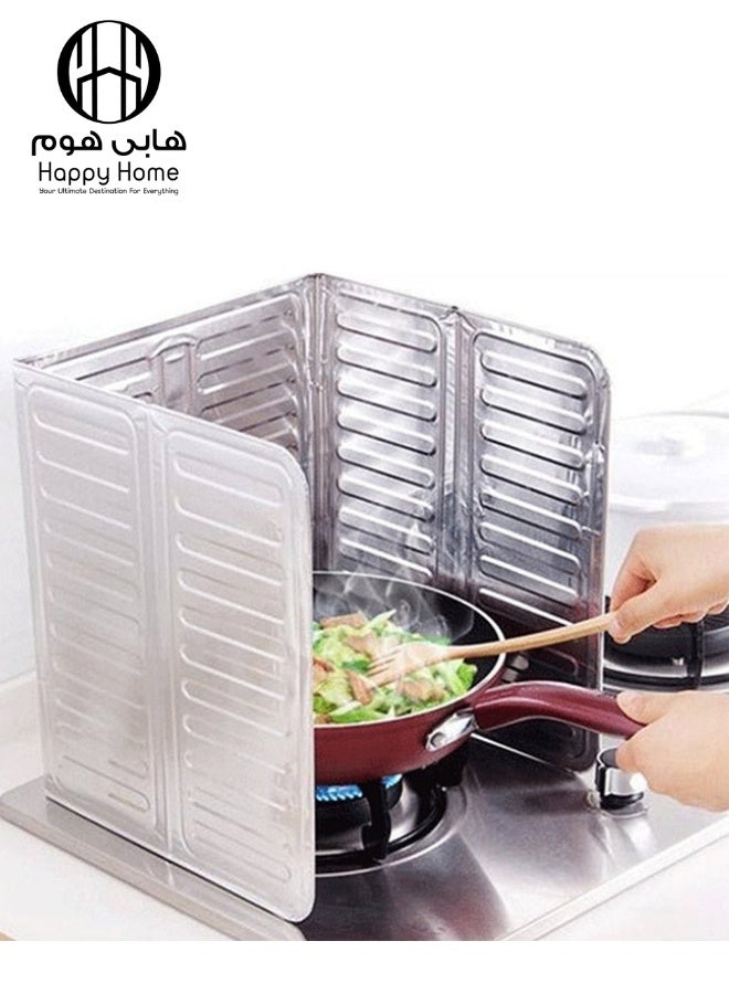 Happy Home 3-Sided Oil Splash Guard for Stovetop Protection, Non-Stick Aluminum, Foldable for Use While Cooking - Silver - Image 1