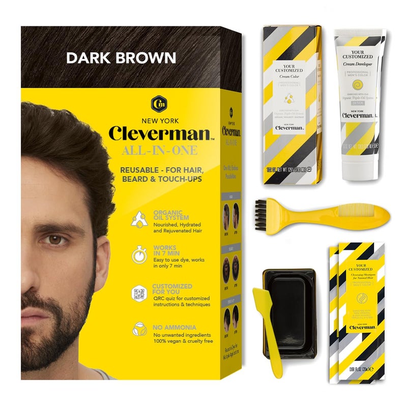 Cleverman Dark Brown Hair  Beard Dye Kit for Men  NaturalLooking Gray Coverage ProfessionalQuality AmmoniaFree for Hair Beard  Mustache