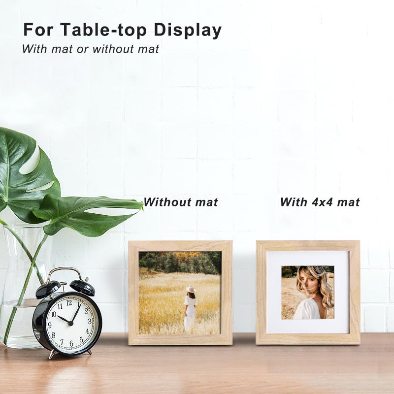 KINLINK 6x6 Picture Frames Natural Wood Frames with Acrylic Plexiglass for Pictures 4x4 With Mat  Tabletop and Wall Mounting Display Square Frame  Set of 4 - Image 5