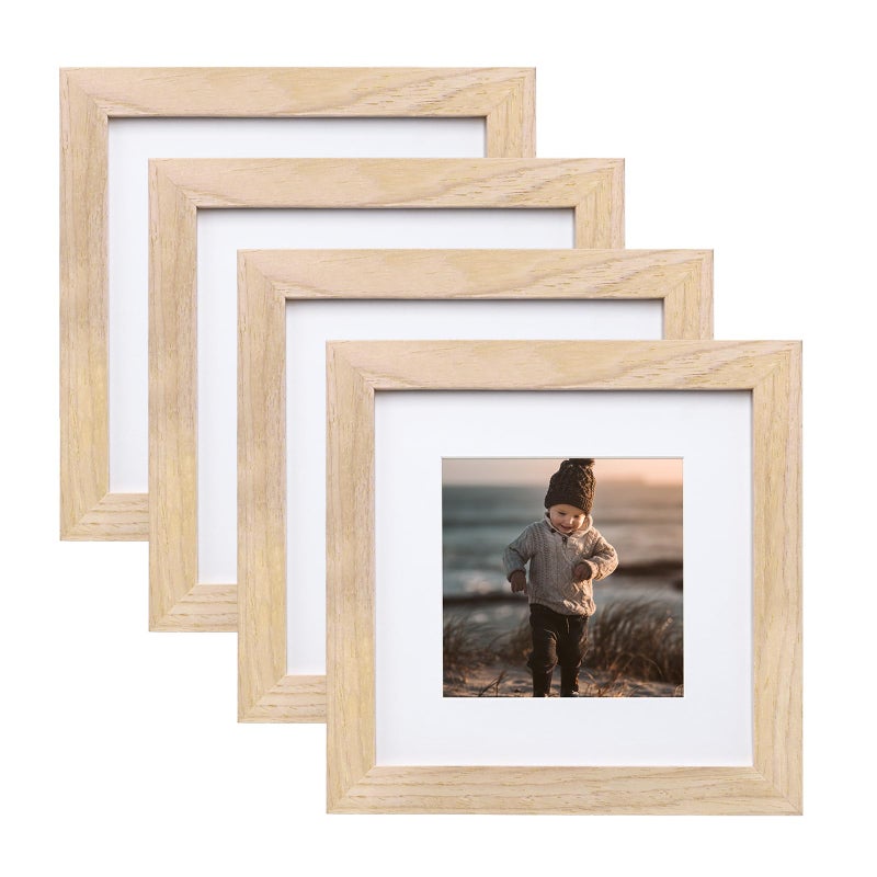 KINLINK 6x6 Picture Frames Natural Wood Frames with Acrylic Plexiglass for Pictures 4x4 With Mat  Tabletop and Wall Mounting Display Square Frame  Set of 4 - Image 1