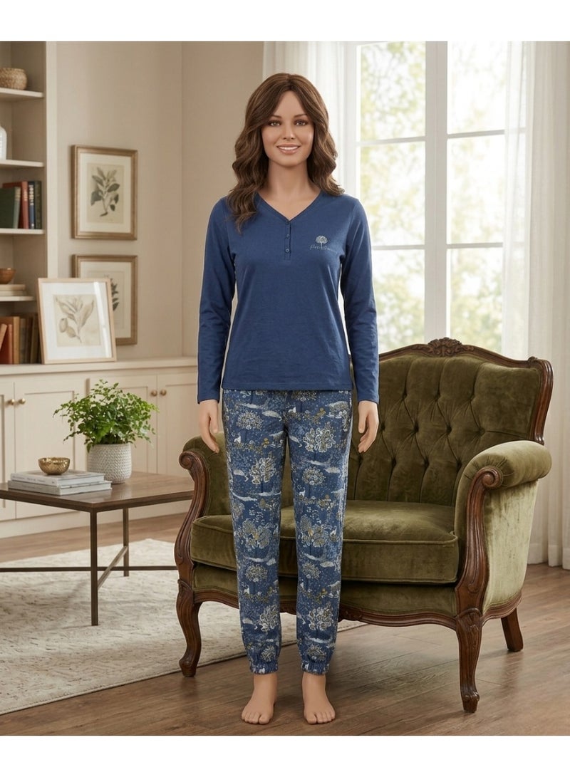 Women's Deep Blue Floral Loungewear Set - Image 1