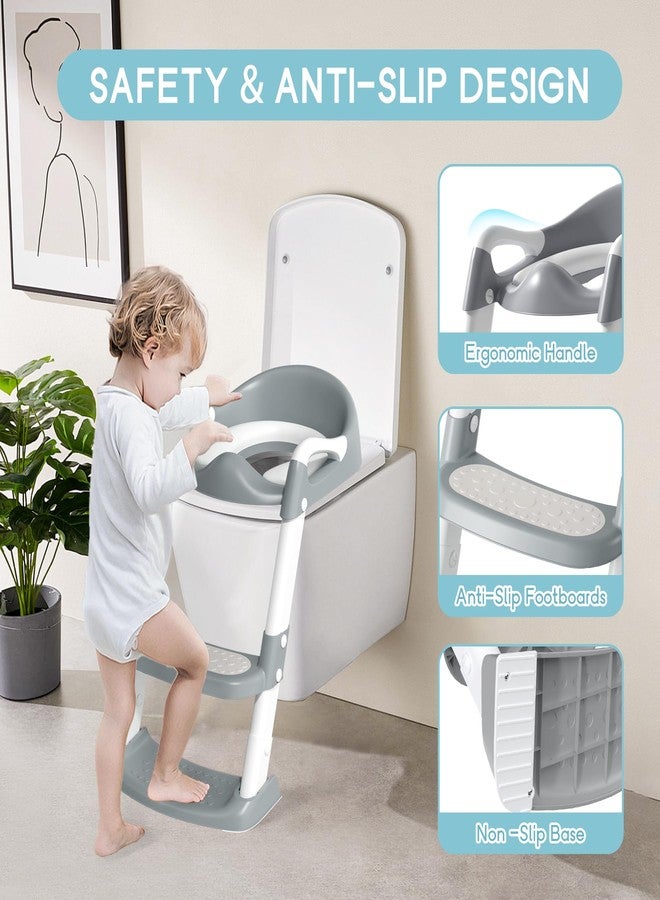 COOSEYA Potty Training Toilet with Step Stool Ladder, Toddler Kids Potty Training Seat for Boys Girls, Foldable Anti-Slip Toilet Toddler Seat Splash Guard Soft Cushion Safety Handles (Grey) - Image 3