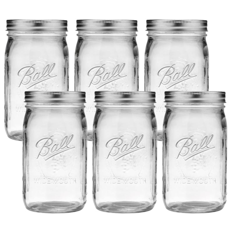 Ball Wide Mouth Glass Mason Jars with Lids and Bands Used for Canning Pickling Juice Jam Jelly Quart Size 32 Ounce Pack of 6