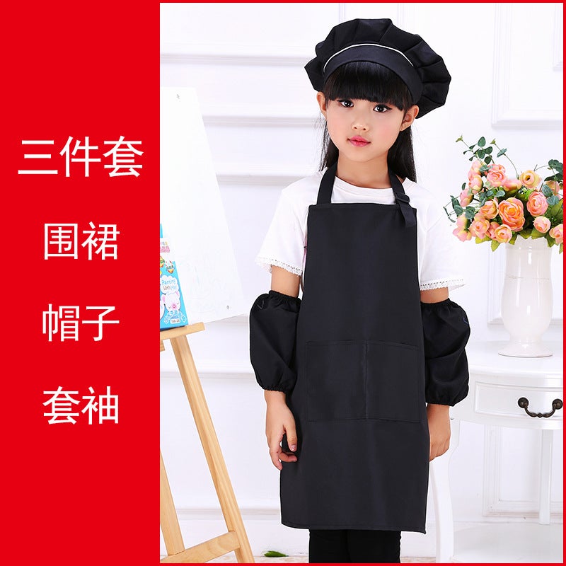 Childrens apron three-piece custom kindergarten art museum childrens painting clothes advertising apron printing custom LOGO Black (apron sleeve hat) 