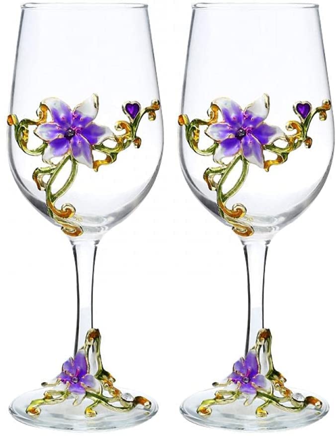 Simcat Handmade Painted Enamel Flower Glass Wine Glasses Transparent Refined Goblet Stem For Cabernet Gifts Purple double gift box2 Gift Box