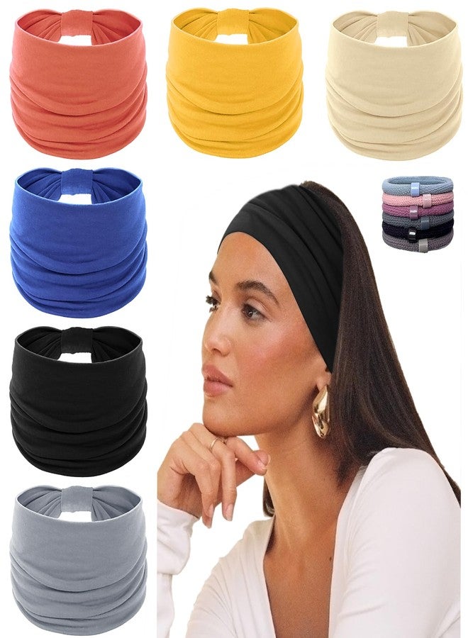 KU Wide Headbands for Women Non Slip 6 Pack Soft Elastic Hair Bands Sports Yoga Running Gym Workout Knotted Head Wraps, Cotton Cloth African Turbans Solid Color Bandana-with 6 Pcs Hair Ties - Image 1