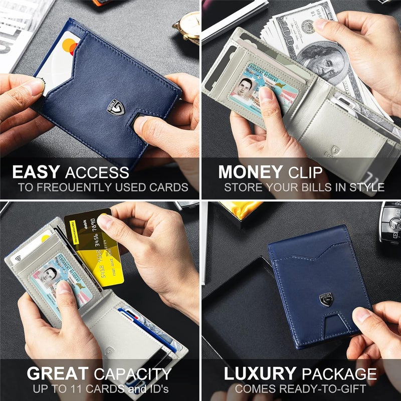 GSOIAX محفظة الرقيقة للرجال، مزودة بحماية ضد تقنية RFID، تصميم مزدوج الأجزاء، مصنوعة من جلد أصلي وألياف كربونية، تحتوي على حامل لبطاقات الائتمان، باللون الأزرق الداكن والبيج، رفيعة الوزن، مع صندوق هدايا. - Image 3