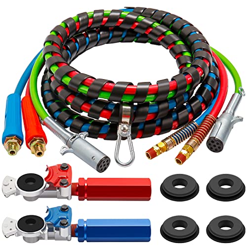YiaChuii 15ft 3 in 1 ABS & Power Air Line Hose with Glad Hand Hex Grip & Rubber Seals for Tractor Trailer Semi Truck - Image 1