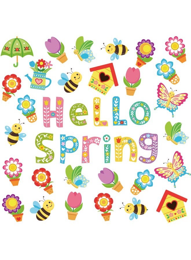 Perthlin 72 Pcs Cute Cutouts Hello Spring Cut Outs with 96 Pcs Glue Points Spring Bulletin Board Set Floral Plants Spring Cutouts Spring Decorations for Classroom School (Snowflake Style) - Image 1