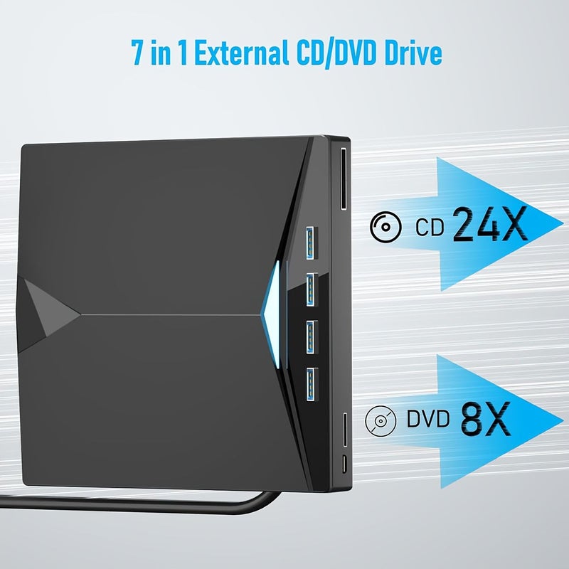 Black 7 In 1 External CD DVD Drive USB 3.0 Type C Laptop Writer - Image 3