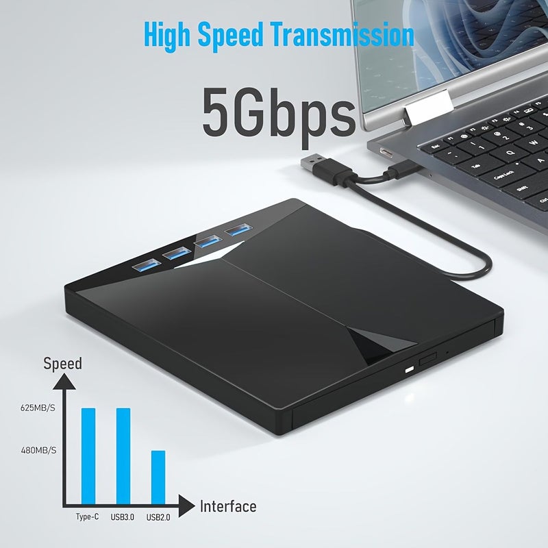 Black 7 In 1 External CD DVD Drive USB 3.0 Type C Laptop Writer - Image 5