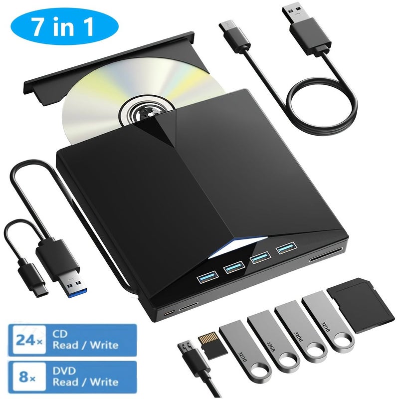 Black 7 In 1 External CD DVD Drive USB 3.0 Type C Laptop Writer - Image 1