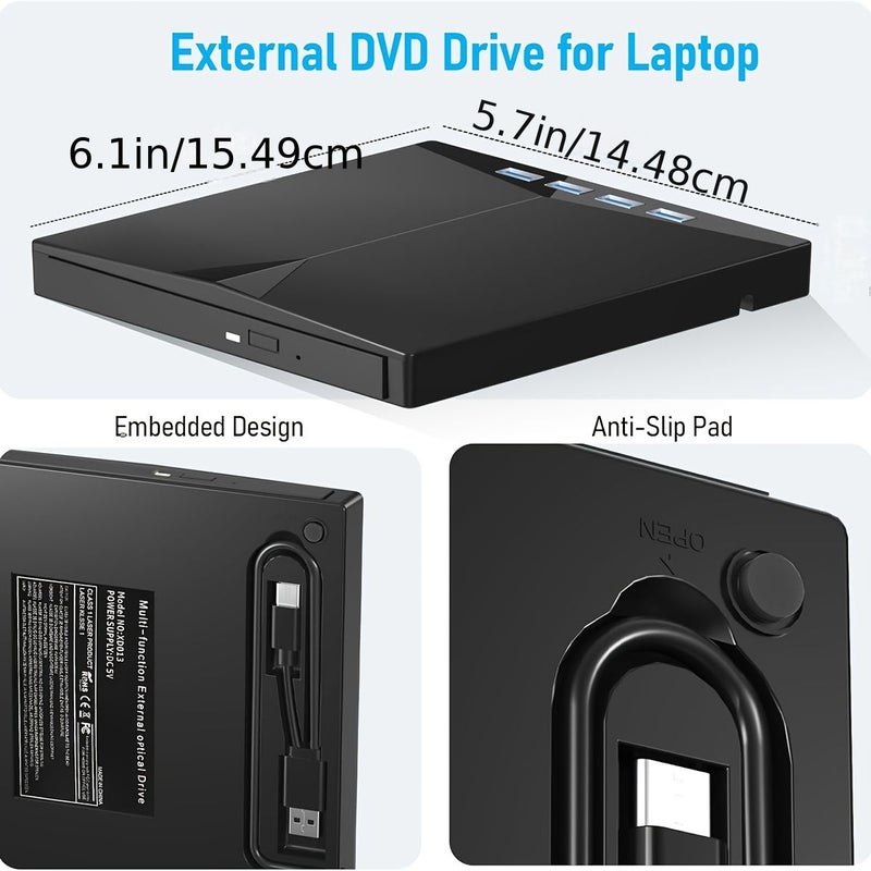 Black 7 In 1 External CD DVD Drive USB 3.0 Type C Laptop Writer - Image 2