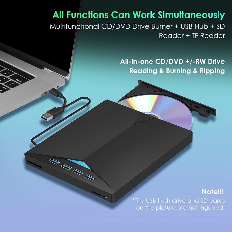 Black 7 In 1 External CD DVD Drive USB 3.0 Type C Laptop Writer - Image 4