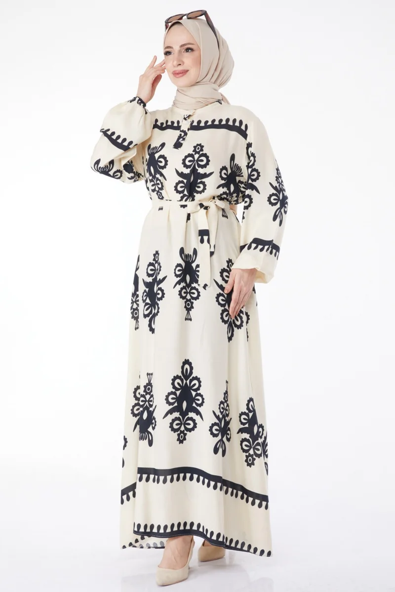 Tofisa Plain Judge Collar Women's Beige Patterned Colorful Dress - 24989