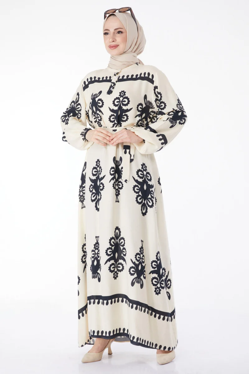 Tofisa Plain Judge Collar Women's Beige Patterned Colorful Dress - 24989