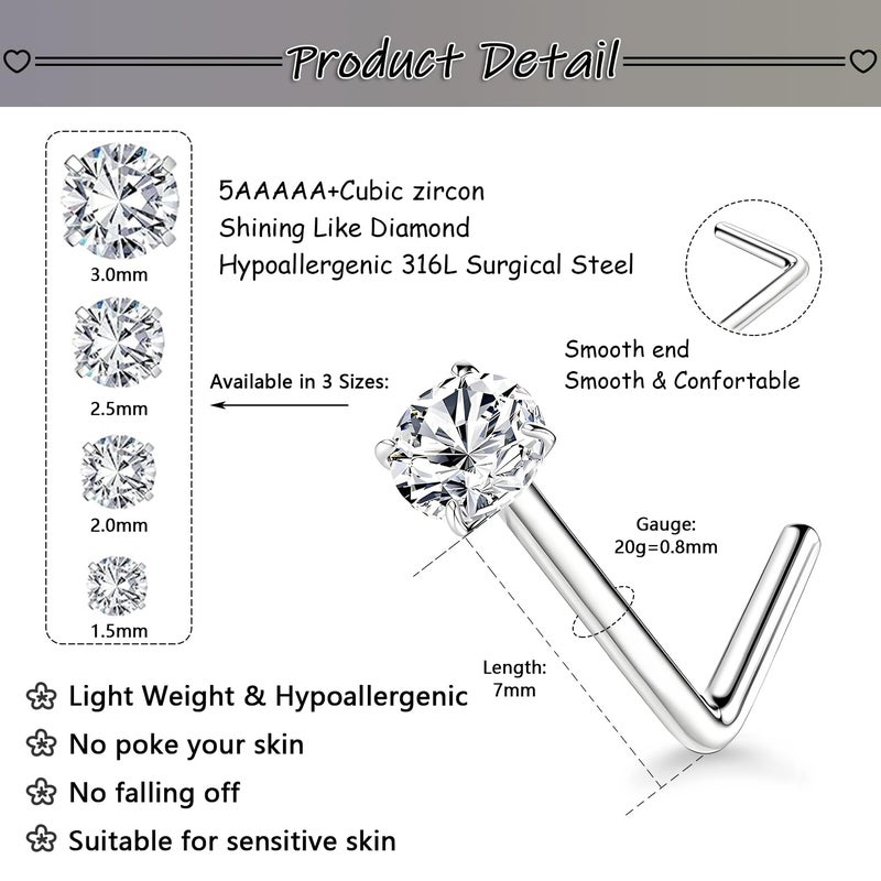 GingYing 8Pcs 20G L Shaped Nose Studs for Women Men Hypoallergenic 316L Surgical Steel with CZ Diamond Sizes 1.5mm 2mm 2.5mm 3mm for Nose Rings Nose Piercing Jewelry and Corkscrew Nose Rings - Image 1