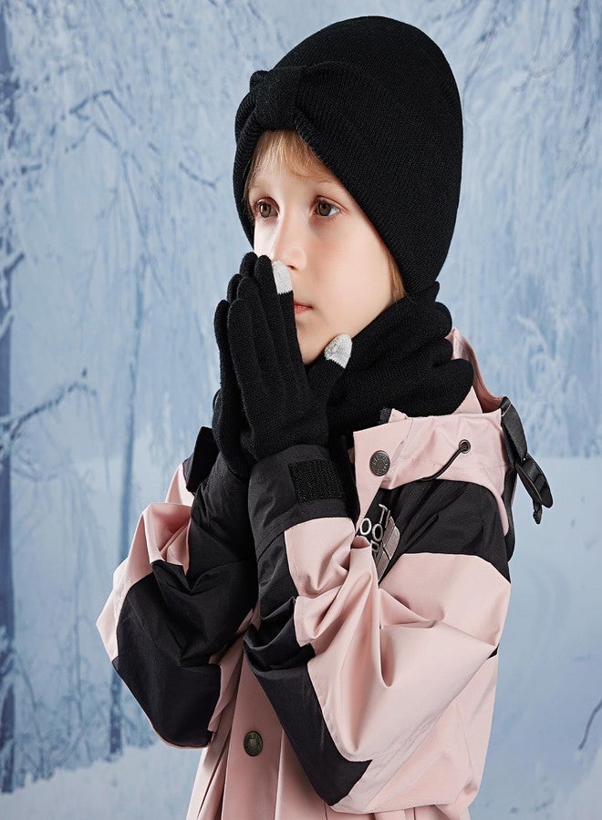 Jerucars Kids Winter Bow Beanie Hat Scarf Touch Screen Glove Set for Boys Girls 3-8 Years Black - Image 3